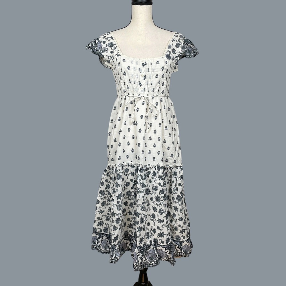 Vintage Shoreline Floral Block Print Smocked Midi Dress M Boho Beach Cottagecore